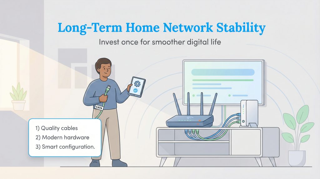 Illustration of a man setting up a stable home network with quality cables and modern hardware.