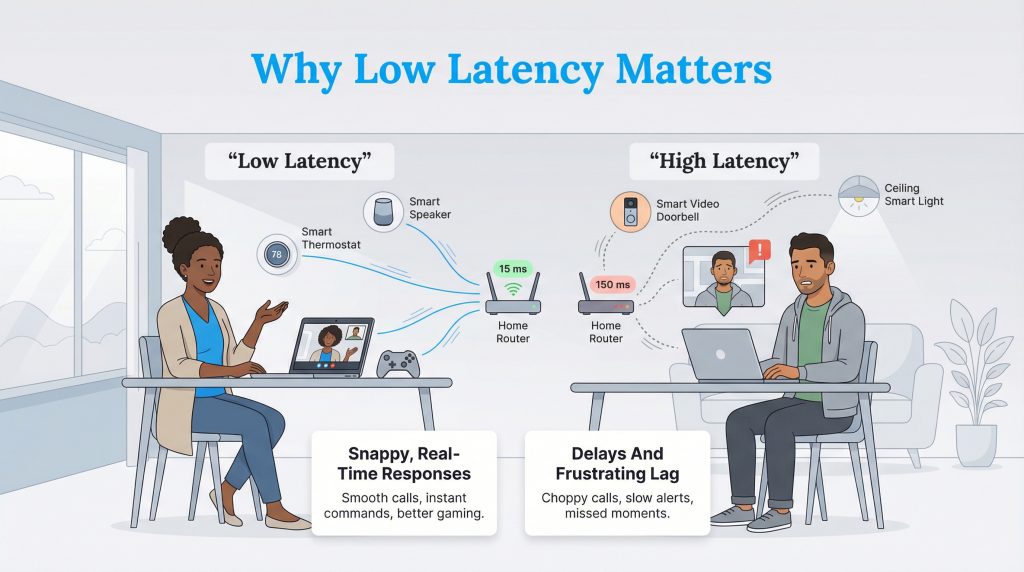 Infographic comparing smooth home tech with low latency to frustrating delays with high latency.