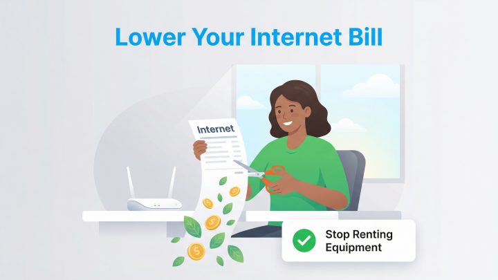 Illustration of a woman cutting an internet bill with scissors, saving money by stopping equipment rental.