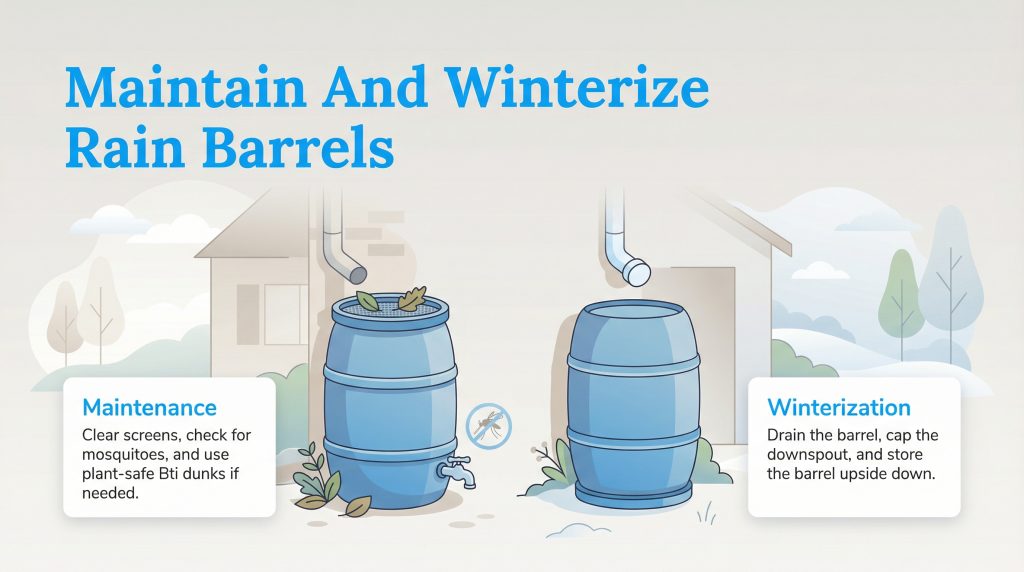 Infographic showing rain barrel maintenance (clearing debris, checking for mosquitoes) and winterization (draining, capping downspout, storing).