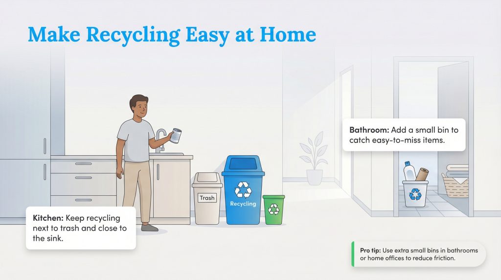 Infographic showing recycling bins placed in a kitchen and bathroom with tips on making recycling easier.