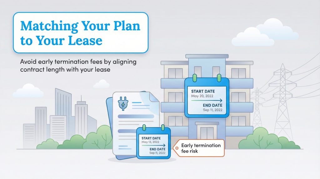 Graphic showing mismatching energy contract and lease dates creating early termination fee risk.