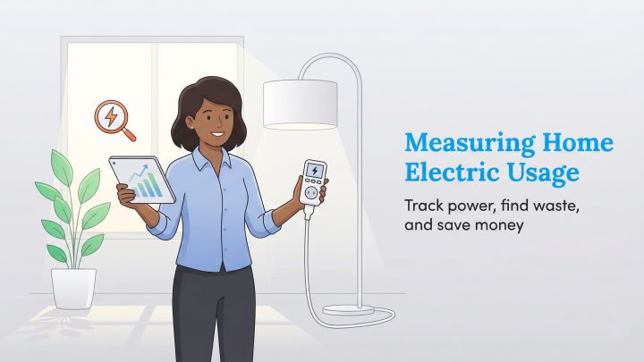 Woman with tablet and power meter tracking home electric usage.
