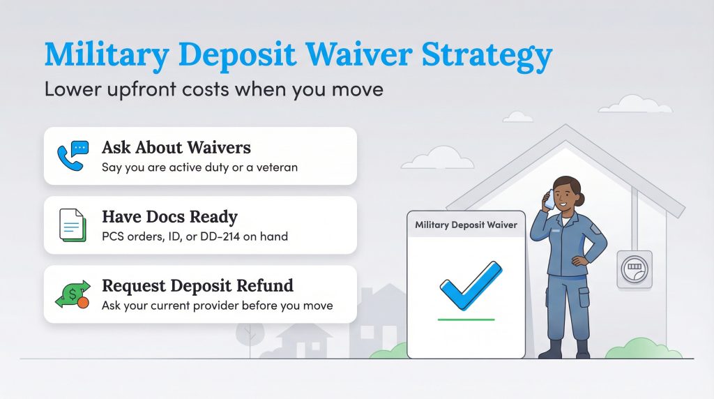 Infographic: Military Deposit Waiver Strategy. Steps: Ask about waivers, have docs ready, request deposit refund.