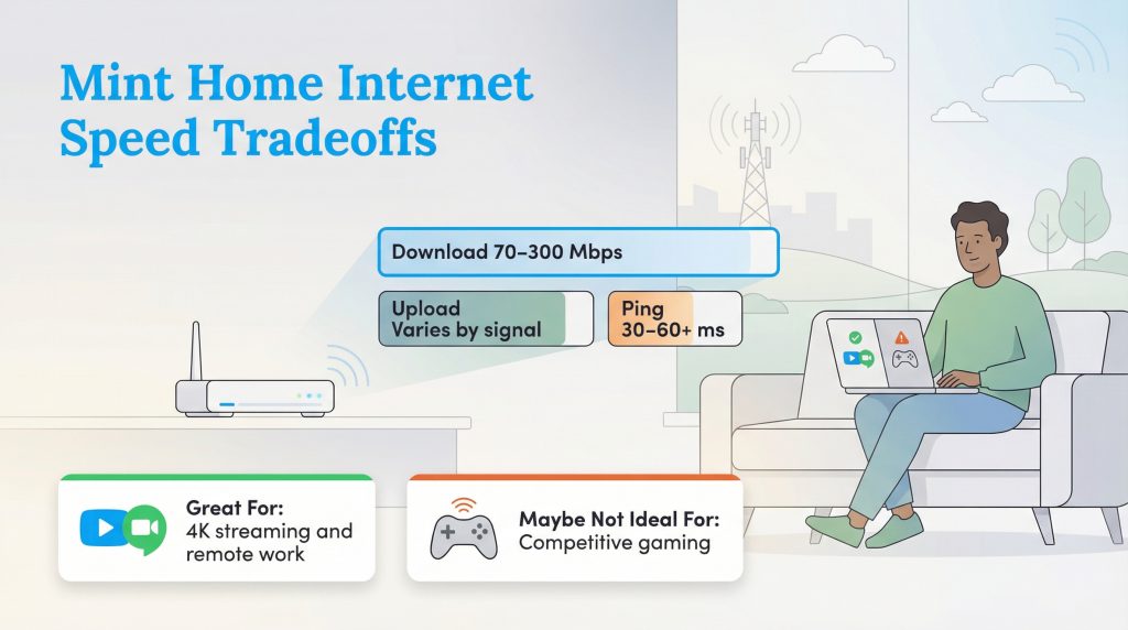 Infographic showing Mint Home Internet speeds and tradeoffs for streaming versus gaming.