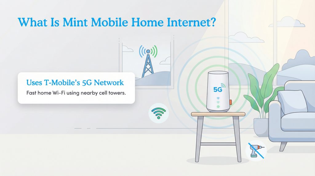 Illustration of a Mint Mobile 5G gateway receiving signals from a cell tower for home Wi-Fi.