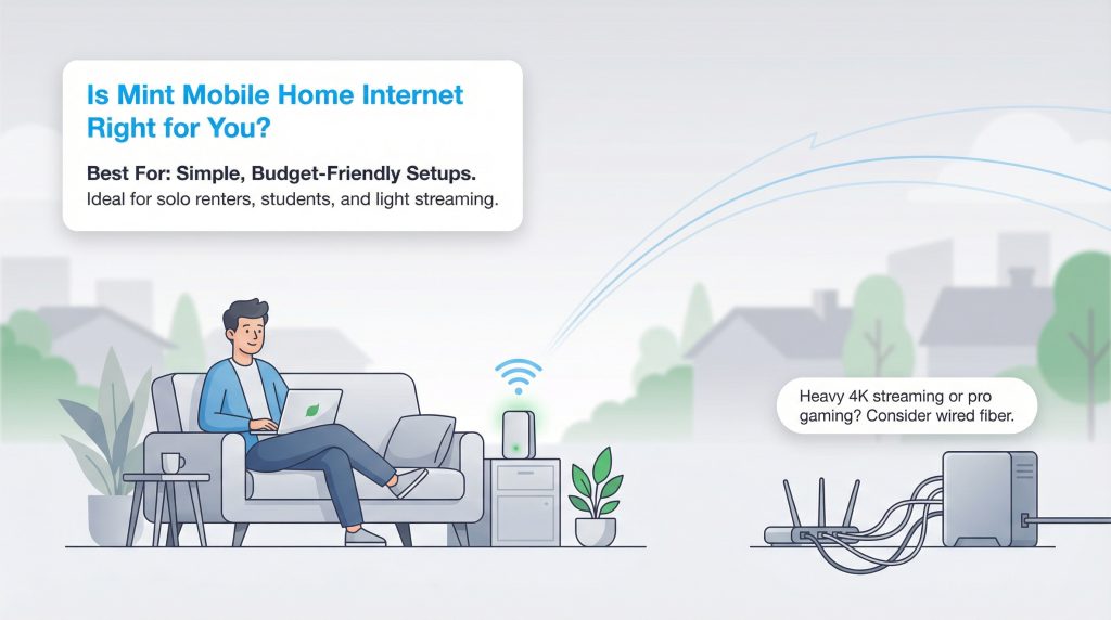 Infographic summarizing the best use cases for Mint Mobile Home Internet versus wired fiber.
