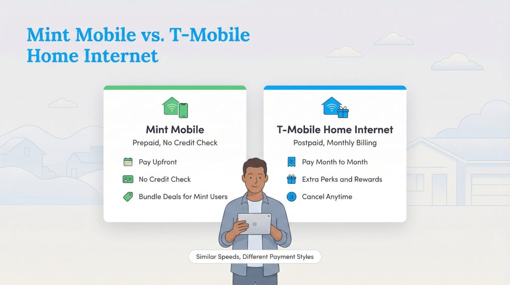 Comparison chart of Mint Mobile and T-Mobile Home Internet features and payment models.