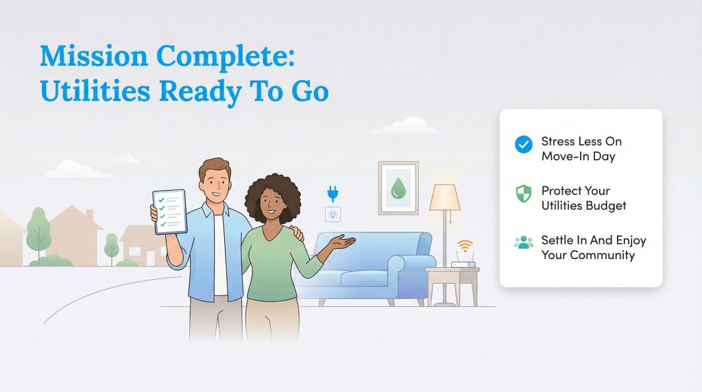 Couple in new home with completed checklist tablet next to a list of utility setup benefits.