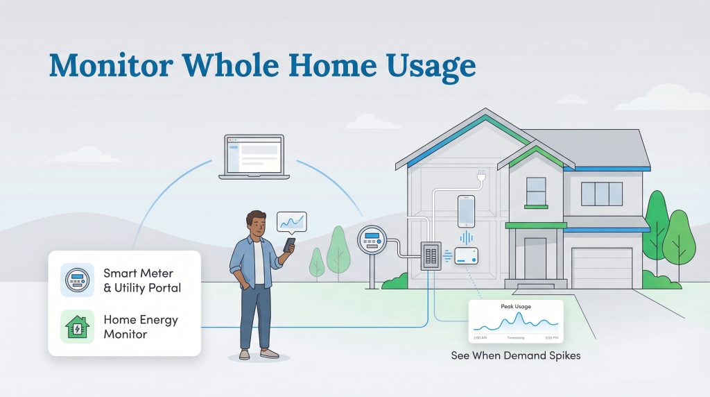 Illustration of a man monitoring whole home energy usage using a smart meter and home energy monitor.