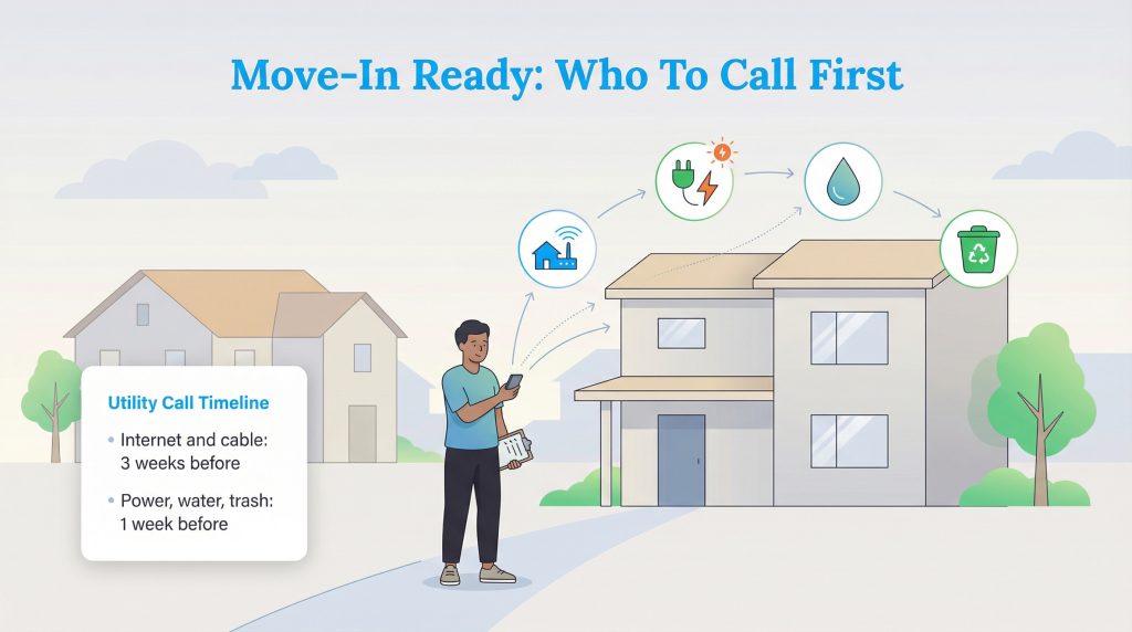 Infographic of a utility call timeline for moving, showing a person, house, and icons for internet, power, water, and trash.