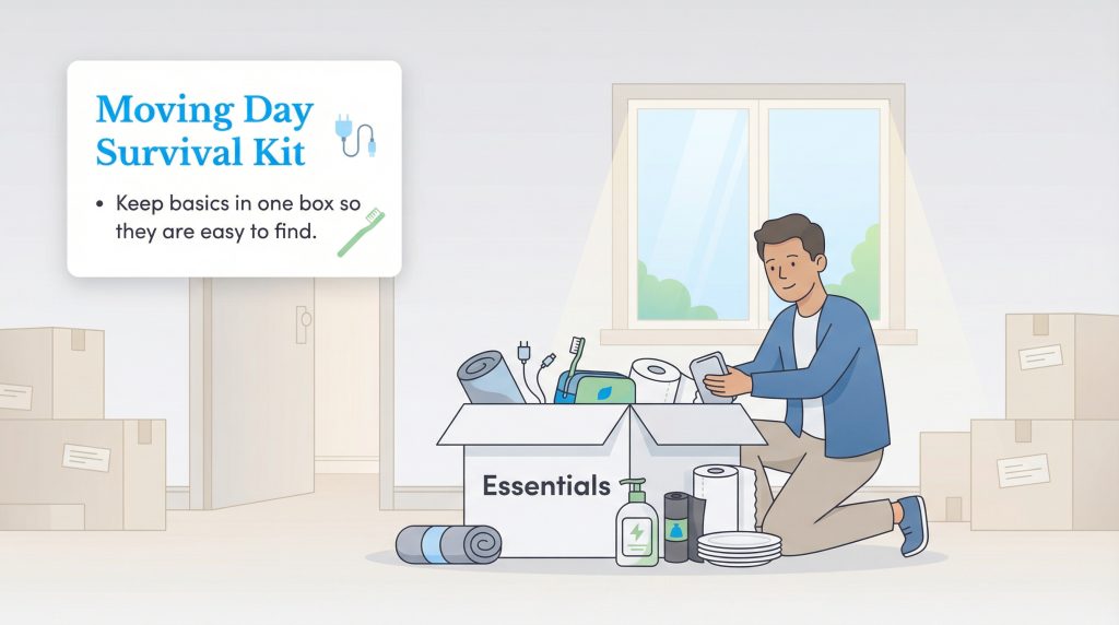 Illustration of a man kneeling by an open box labeled Essentials, containing toiletries and supplies, with text Moving Day Survival Kit on the left.