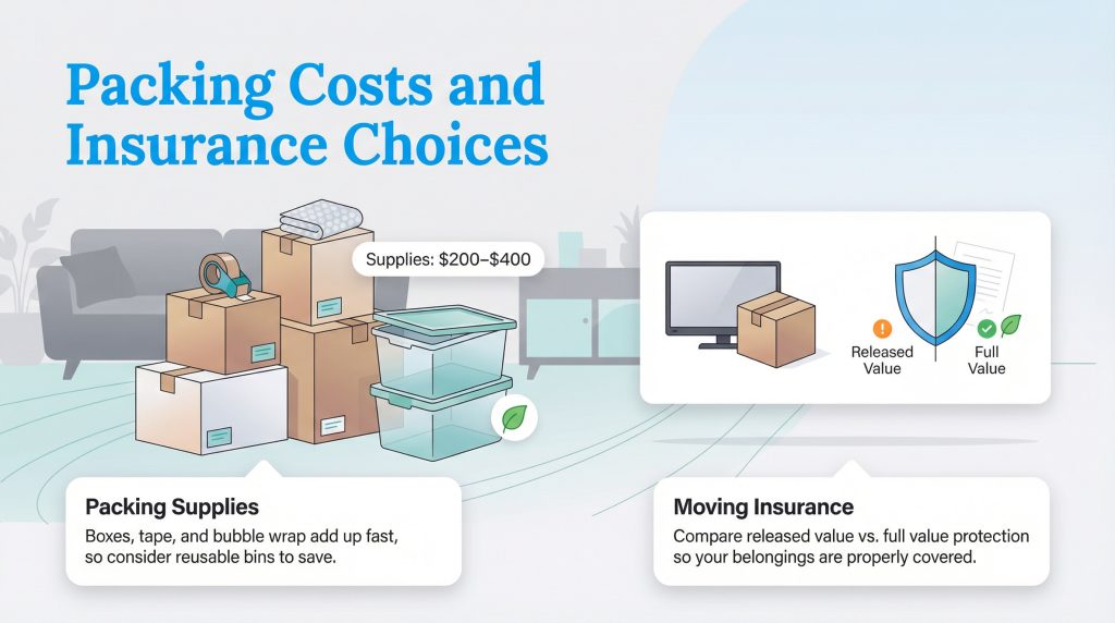 Infographic shows packing supply costs ($200-$400) and compares Released Value vs. Full Value moving insurance.