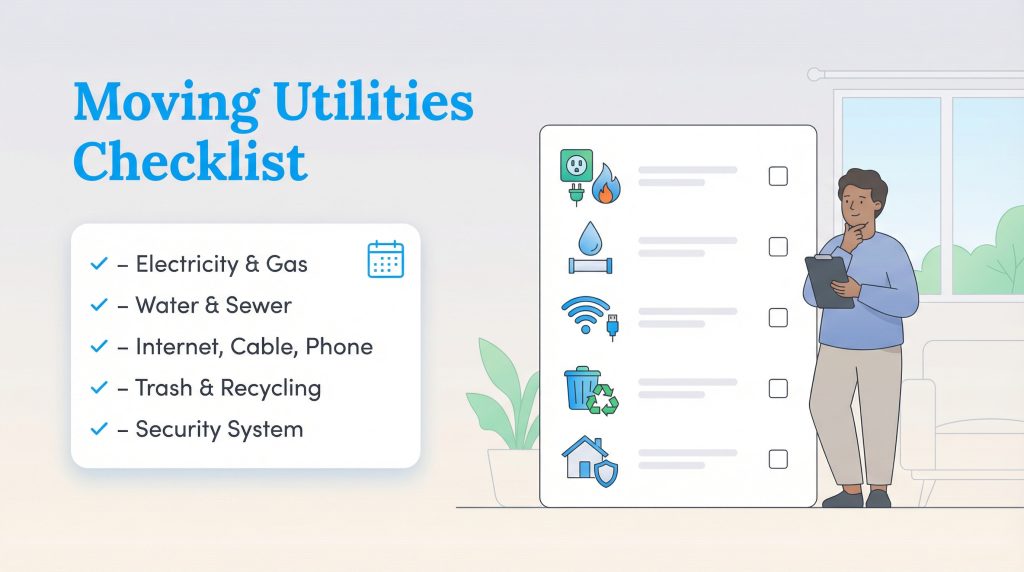Person reviewing a moving utilities checklist with icons for electricity, water, internet, and more.
