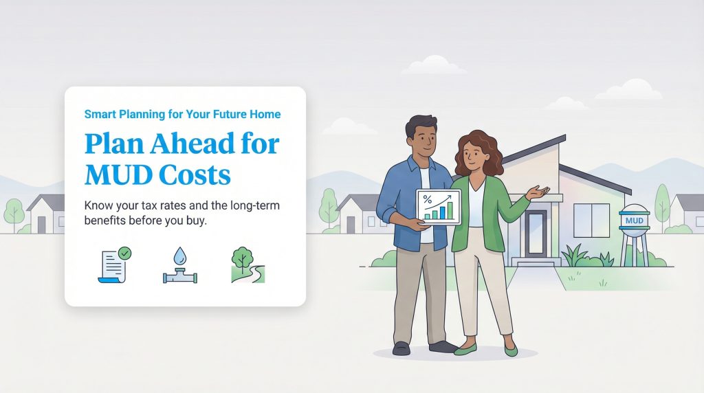 A couple stands with a tablet in front of a home and MUD water tower, next to text about planning for MUD costs.
