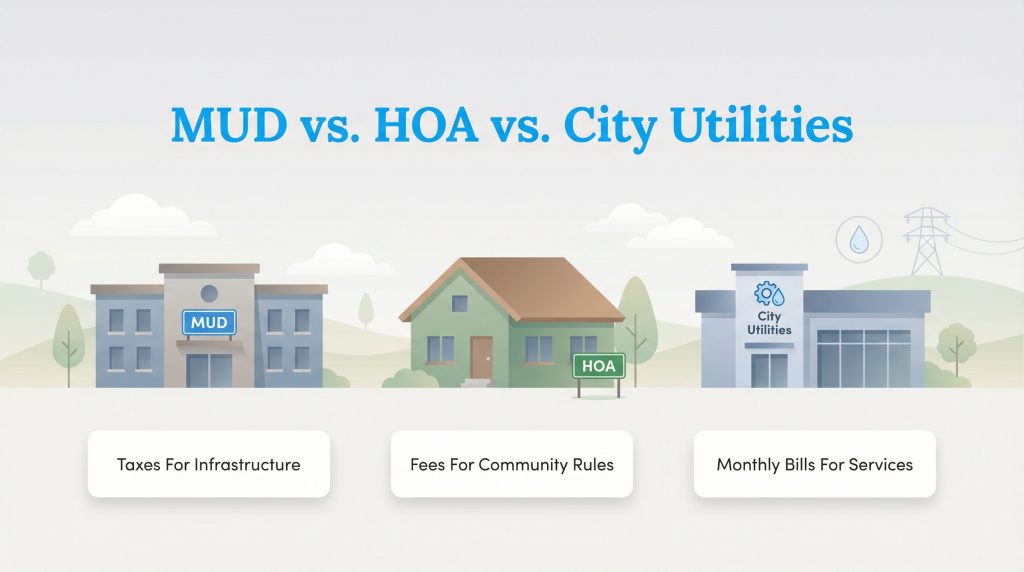 Illustration showing MUD taxes, HOA fees, and City Utilities monthly bills.