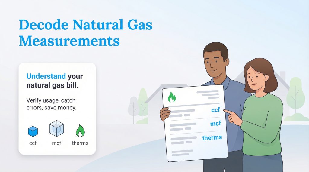 Couple looking at a natural gas bill and a graphic explaining terms ccf, mcf, and therms.