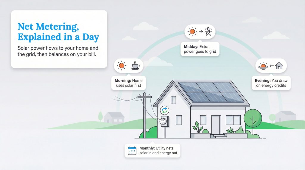 Infographic illustrating the daily cycle of net metering for a solar-powered home.