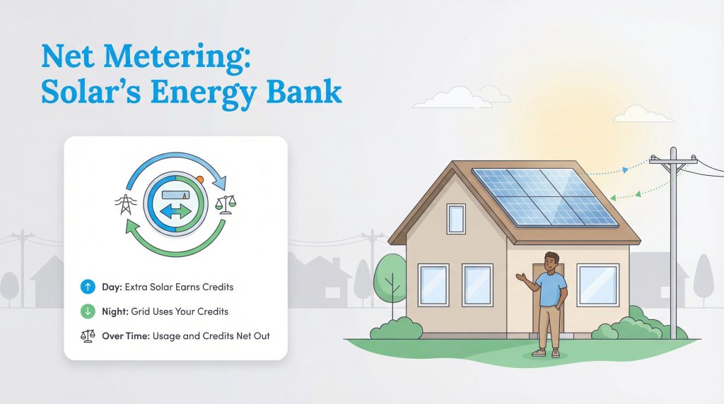 Infographic illustrating net metering as a solar energy bank, with a house, solar panels, and a flow diagram.