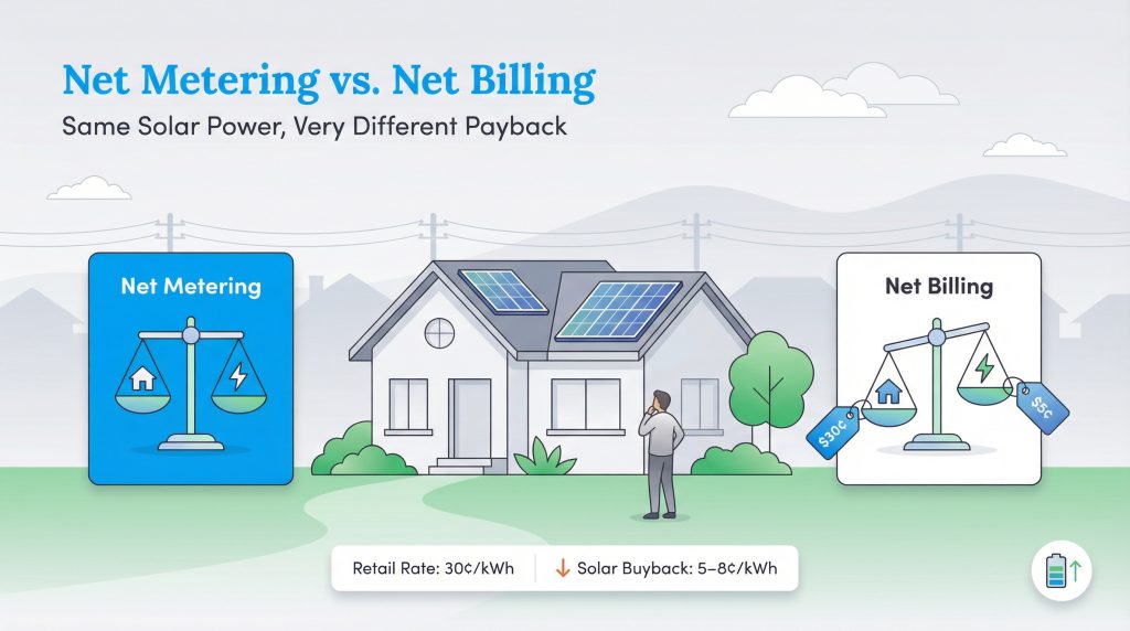 Infographic comparing Net Metering (balanced scales) and Net Billing (buying at 30¢ is heavy, selling at 5¢ is light, with a battery icon).