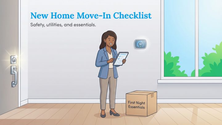 Woman with a tablet checklist in a new home with smart lock, thermostat, and moving box.