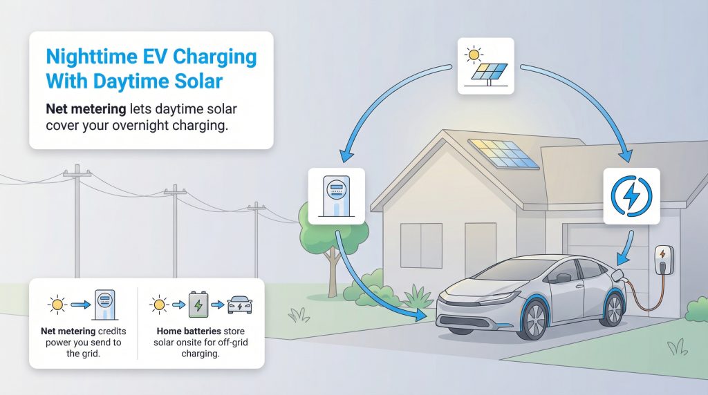 Infographic illustrating nighttime EV charging using daytime solar power via net metering grid credits.