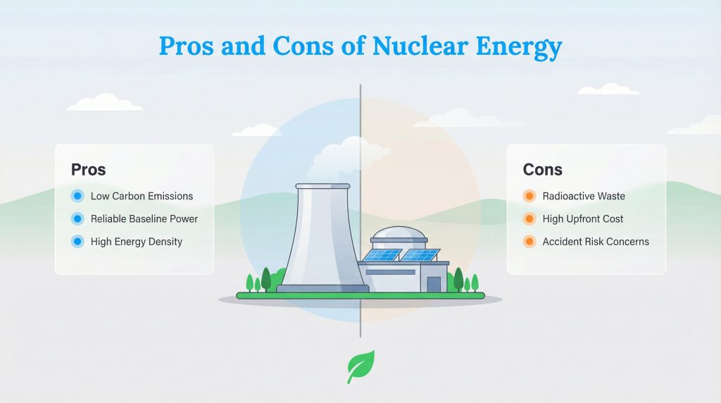 Infographic listing three pros and three cons of nuclear energy surrounding a power plant illustration.