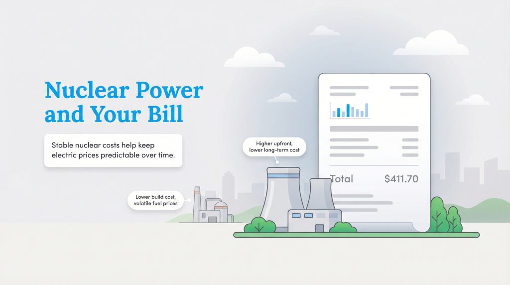 Infographic illustrating how stable nuclear power costs help keep electric prices predictable over time, with a utility bill.