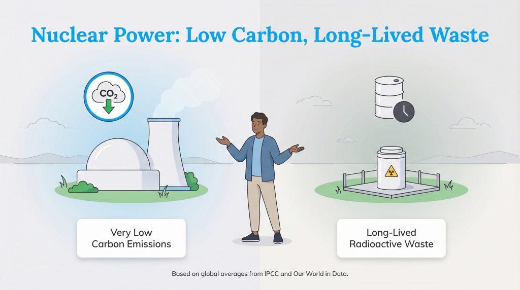 Illustration comparing nuclear power's very low carbon emissions with its long-lived radioactive waste.