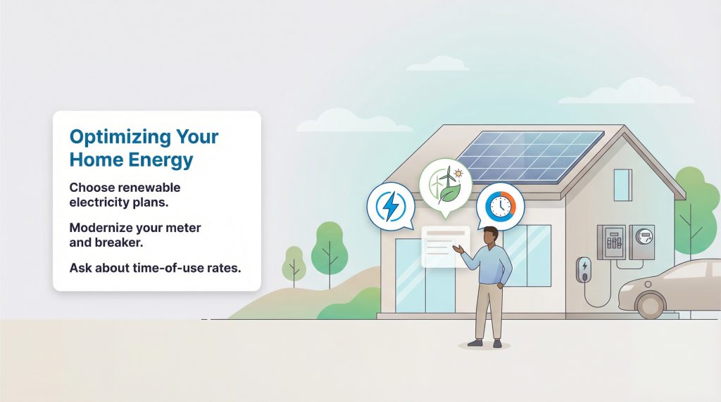 Infographic on optimizing home energy by choosing renewable plans, modernizing equipment, and using time-of-use rates.