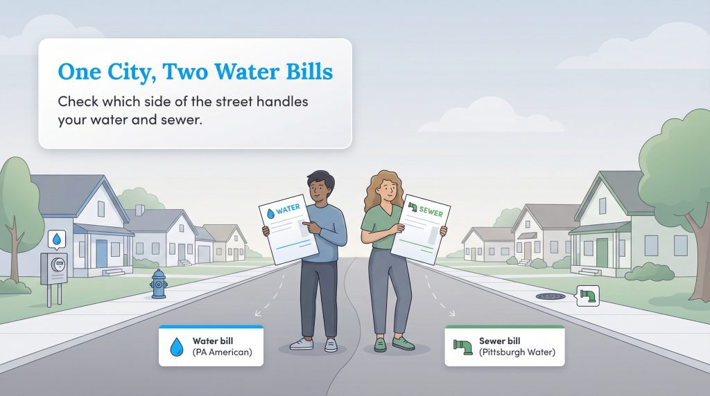 Two people hold separate water and sewer bills on a street, illustrating Pittsburgh's split utility system.