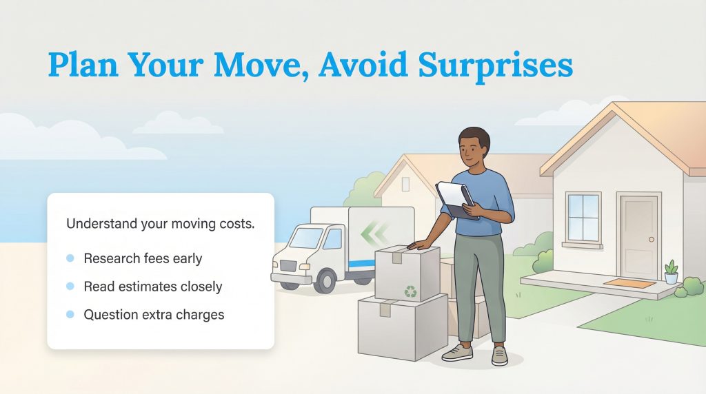 Person with clipboard by moving truck and boxes next to a list of tips for understanding moving costs.