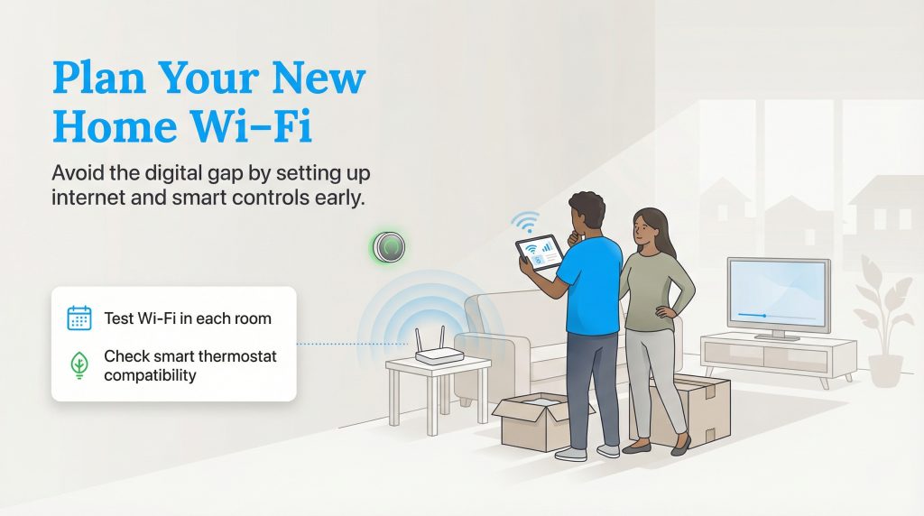 A couple in a new home with boxes, planning their Wi-Fi network with a router, tablet, and smart thermostat.