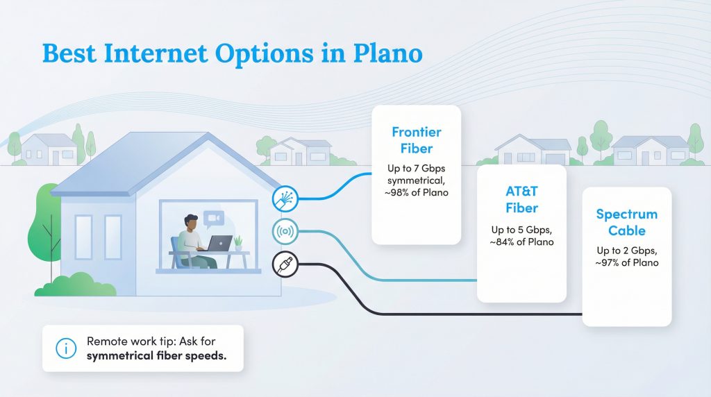Graphic comparing Frontier Fiber, AT&T Fiber, and Spectrum Cable internet options in Plano.