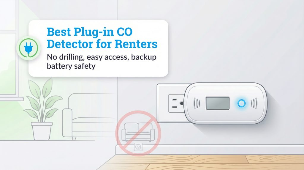 A plug-in carbon monoxide detector in a wall outlet with text highlighting renter benefits like no drilling and backup battery.