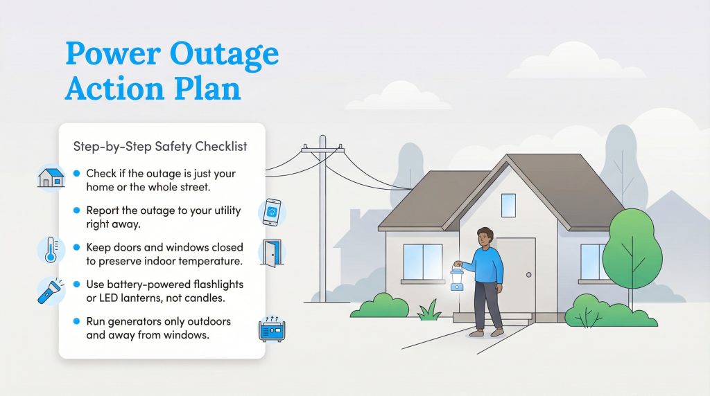 Illustration of a five-step power outage safety checklist and action plan.