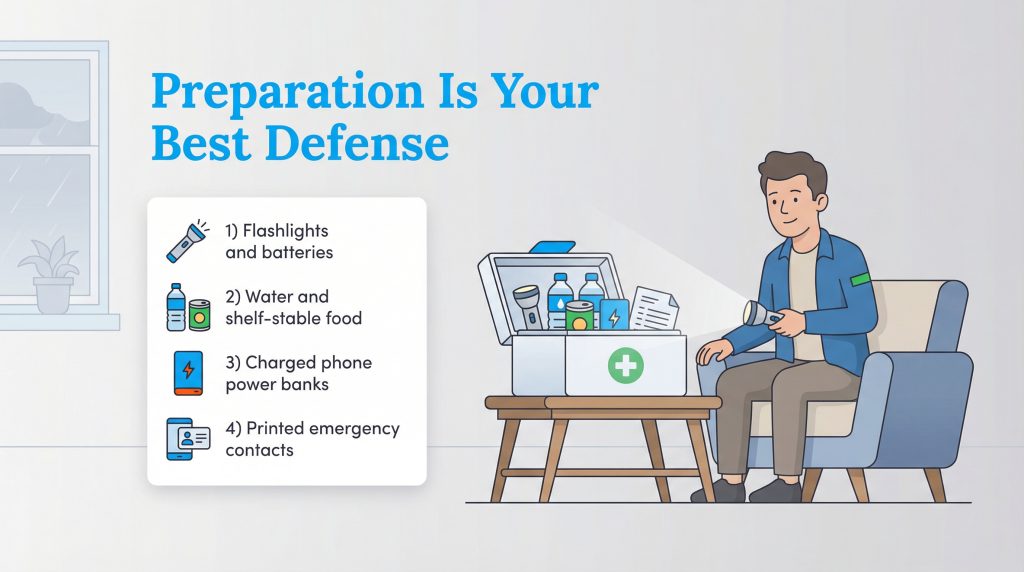 Illustration of a man with an emergency kit and a checklist for power outage preparedness.