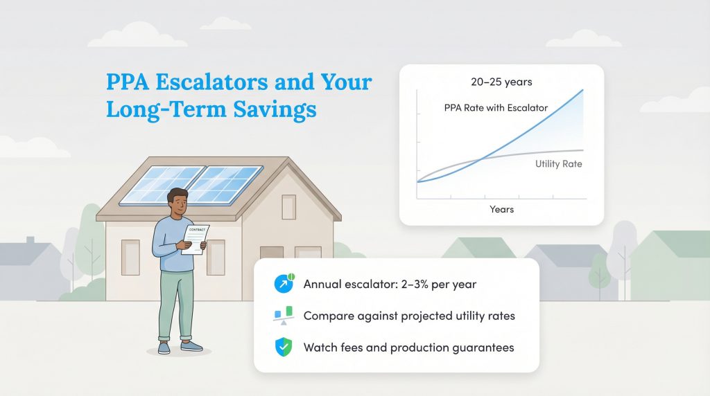 Illustration: man with solar contract, graph showing PPA rates exceeding utility rates over 25 years.