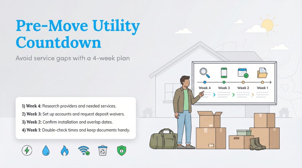 Illustration of a man planning utility transfer using a four-week countdown timeline and checklist.