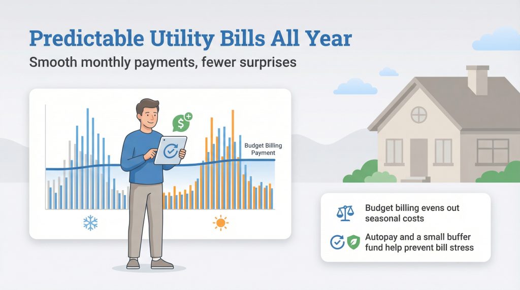 Man with tablet viewing a graph that shows how budget billing evens out seasonal utility costs.