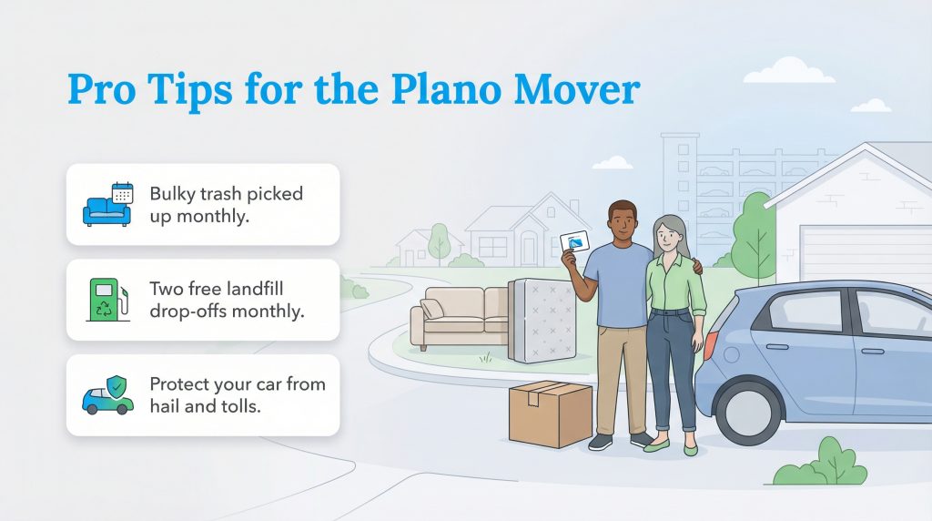 Graphic showing a moving couple and tips about Plano trash services and car protection.
