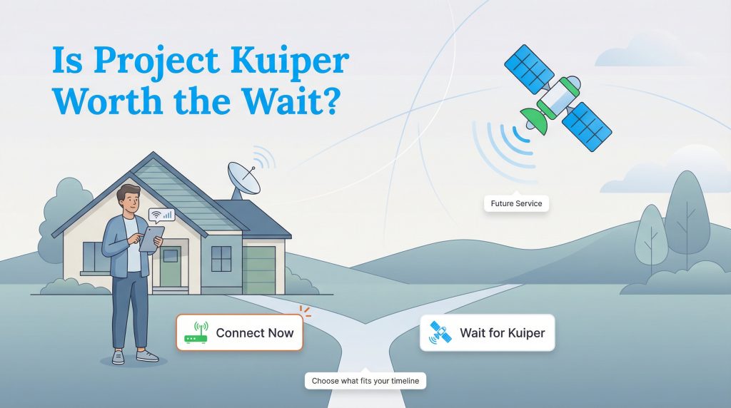 Illustration of a man at a fork in the road, choosing between Connect Now and Wait for Kuiper buttons, with a house and satellite dish.