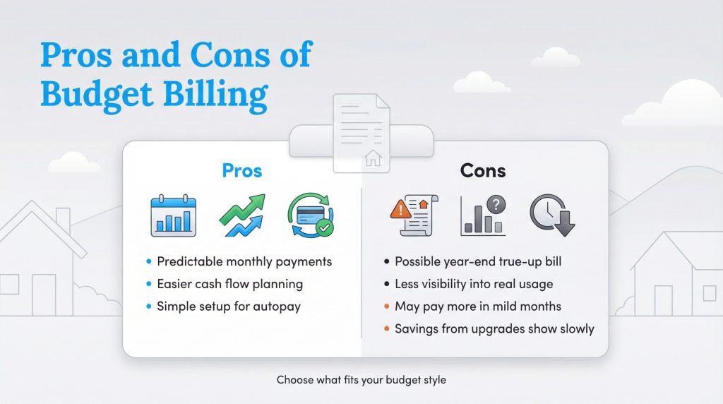 Comparison infographic listing pros and cons of budget billing with icons.