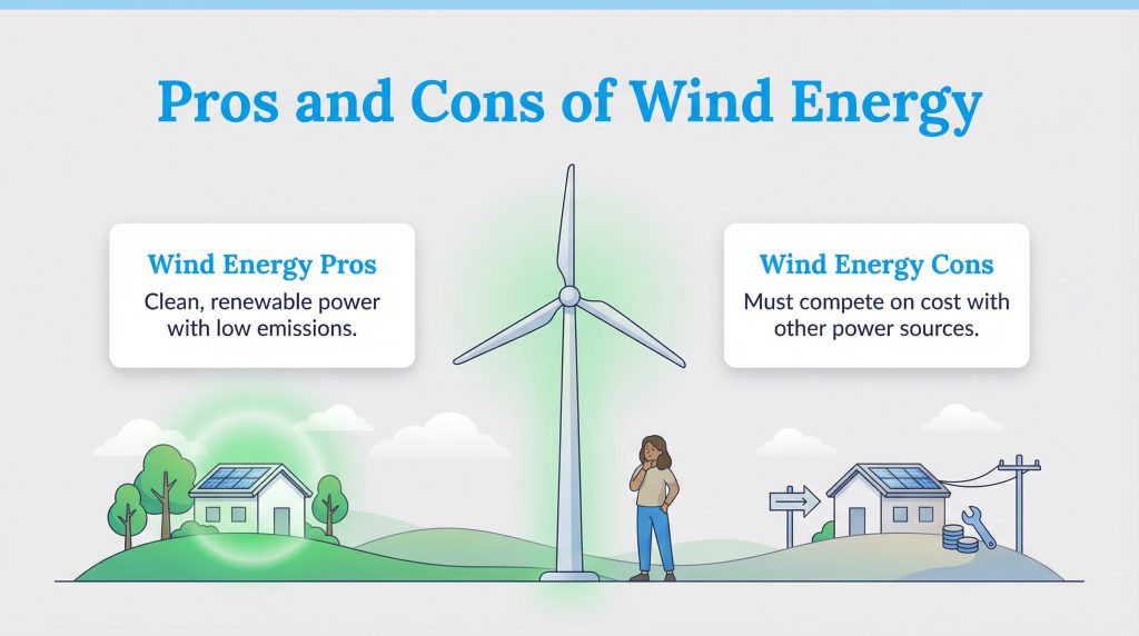 Infographic illustrating wind energy pros like clean power versus cons like economic competition.