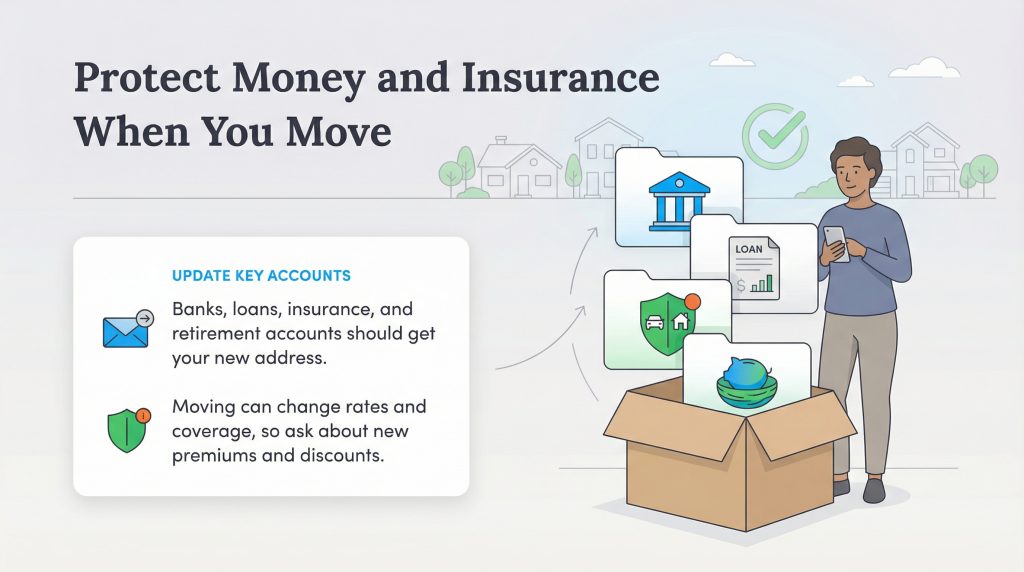 Illustration of a person with financial and insurance folders, next to a moving box and text about updating accounts.