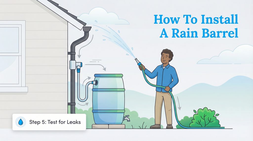 Man uses garden hose to test a newly installed rain barrel and downspout diverter for leaks.