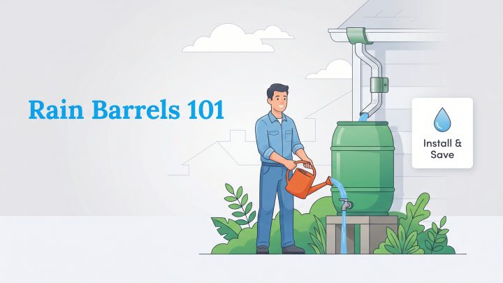 A man fills a watering can from a rain barrel connected to a gutter, with text Rain Barrels 101.