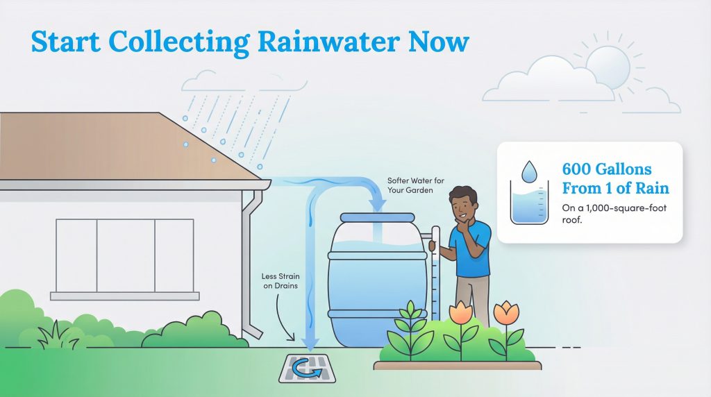 Infographic illustrating rainwater harvesting from a roof into a barrel and its benefits.
