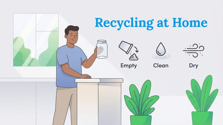 A man in a kitchen holds a jar next to icons for emptying, cleaning, and drying recyclables, with the title 'Recycling at Home'.