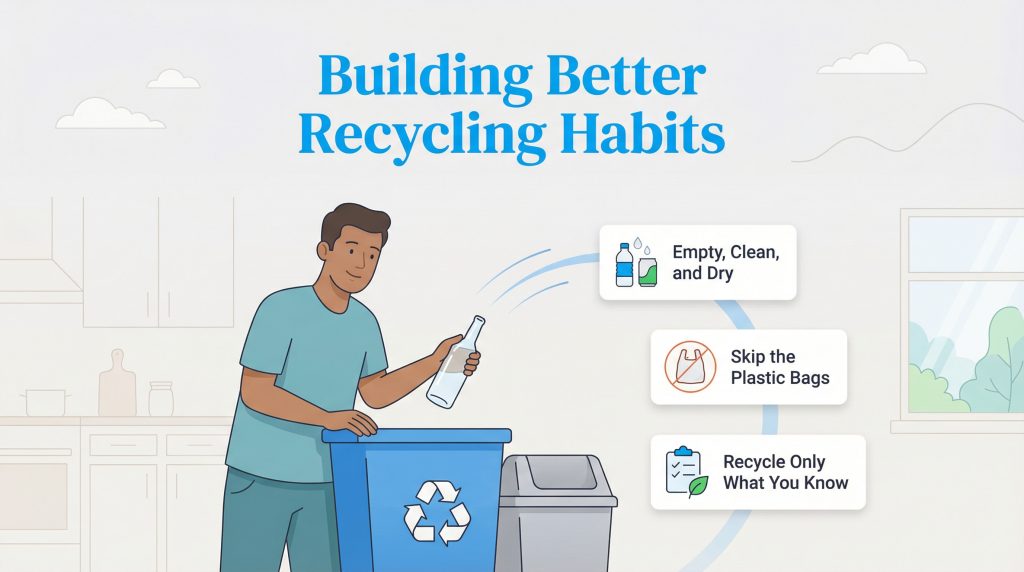 Illustration of a man recycling a bottle, with tips on proper recycling habits.